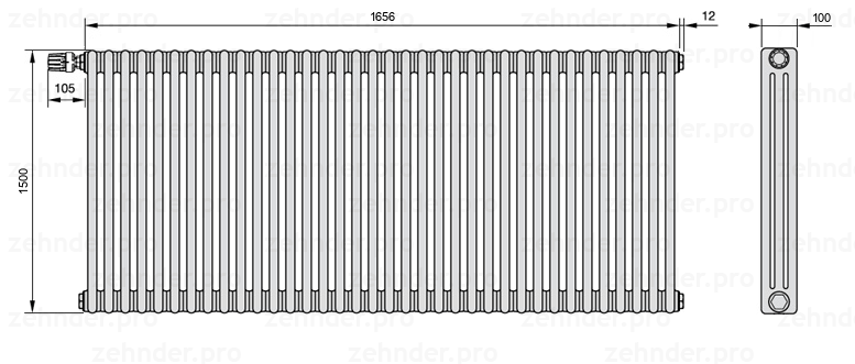 Схема (чертеж) Радиатор Zehnder Charleston 3150/36 №V012 Белый глянцевый RAL 9016
